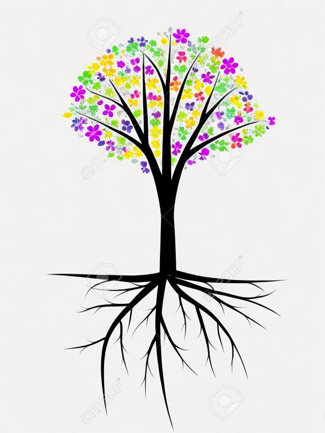 Illustrazione albero con fiori multicolori