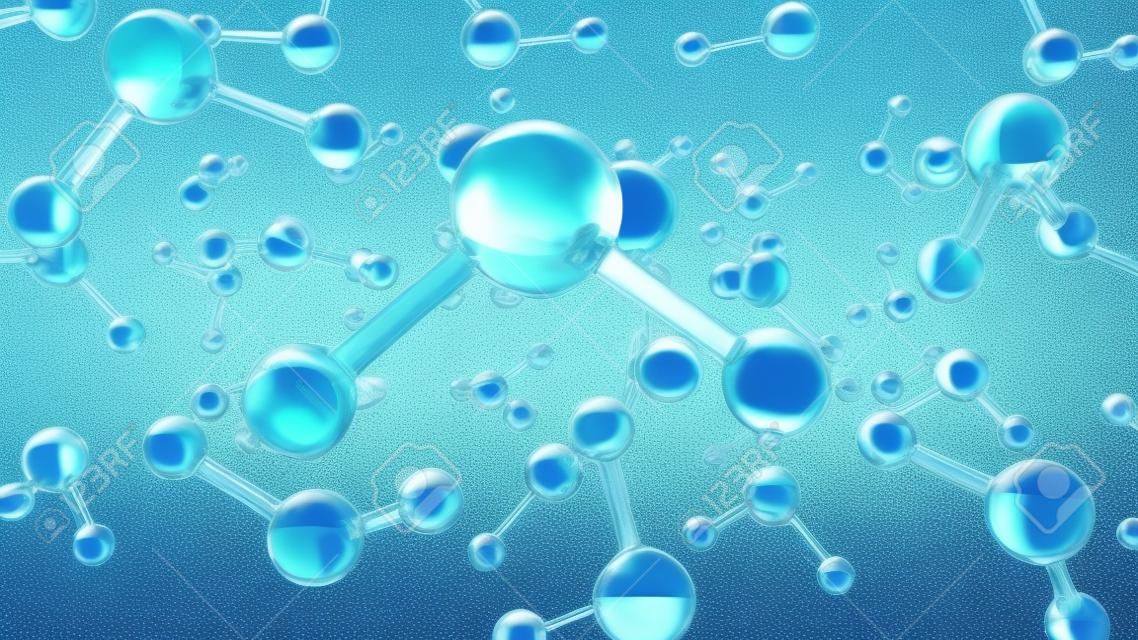 Transparent water H2O molecules floating in water. Abstract science and chemistry concept illustration. One molecule is in focus and other are not. Close up, selective focus. 3D rendering