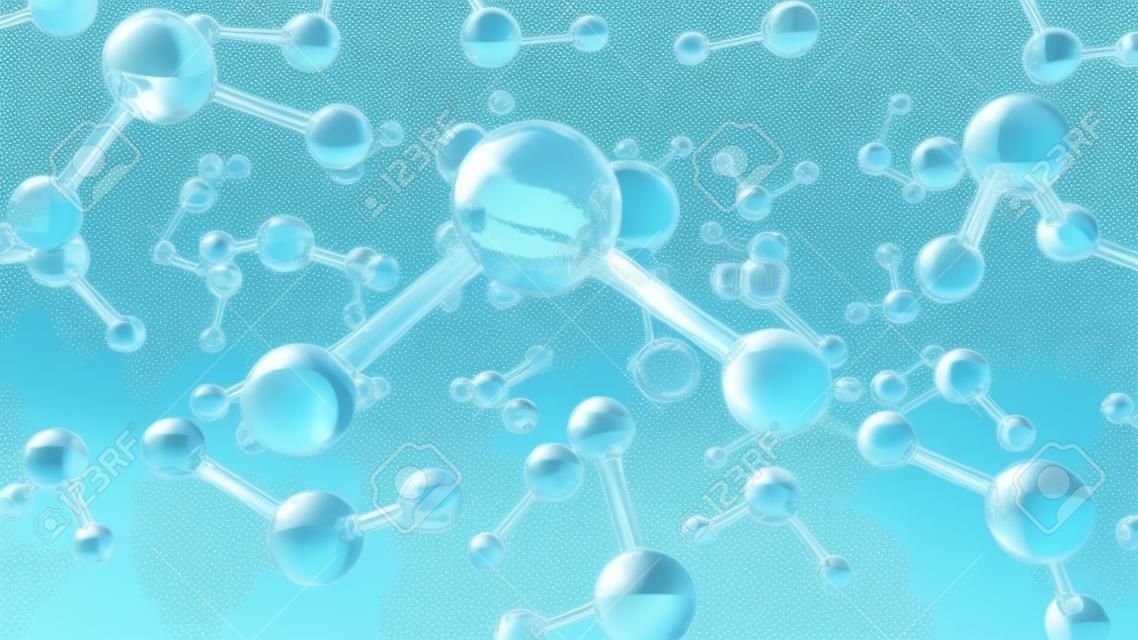 Transparent water H2O molecules floating in water. Abstract science and chemistry concept illustration. One molecule is in focus and other are not. Close up, selective focus. 3D rendering
