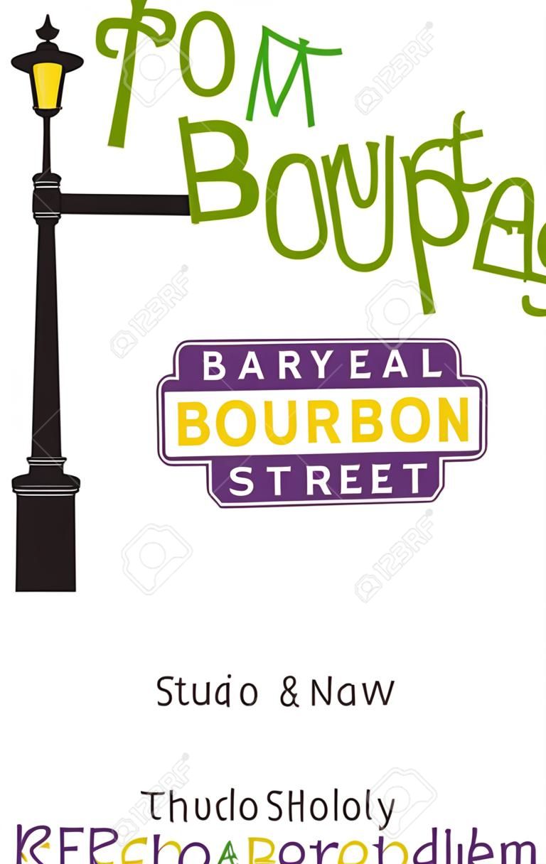 버번 (Bourbon) 거리 표지판과 마디 그라 재미를위한 램프 게시물.