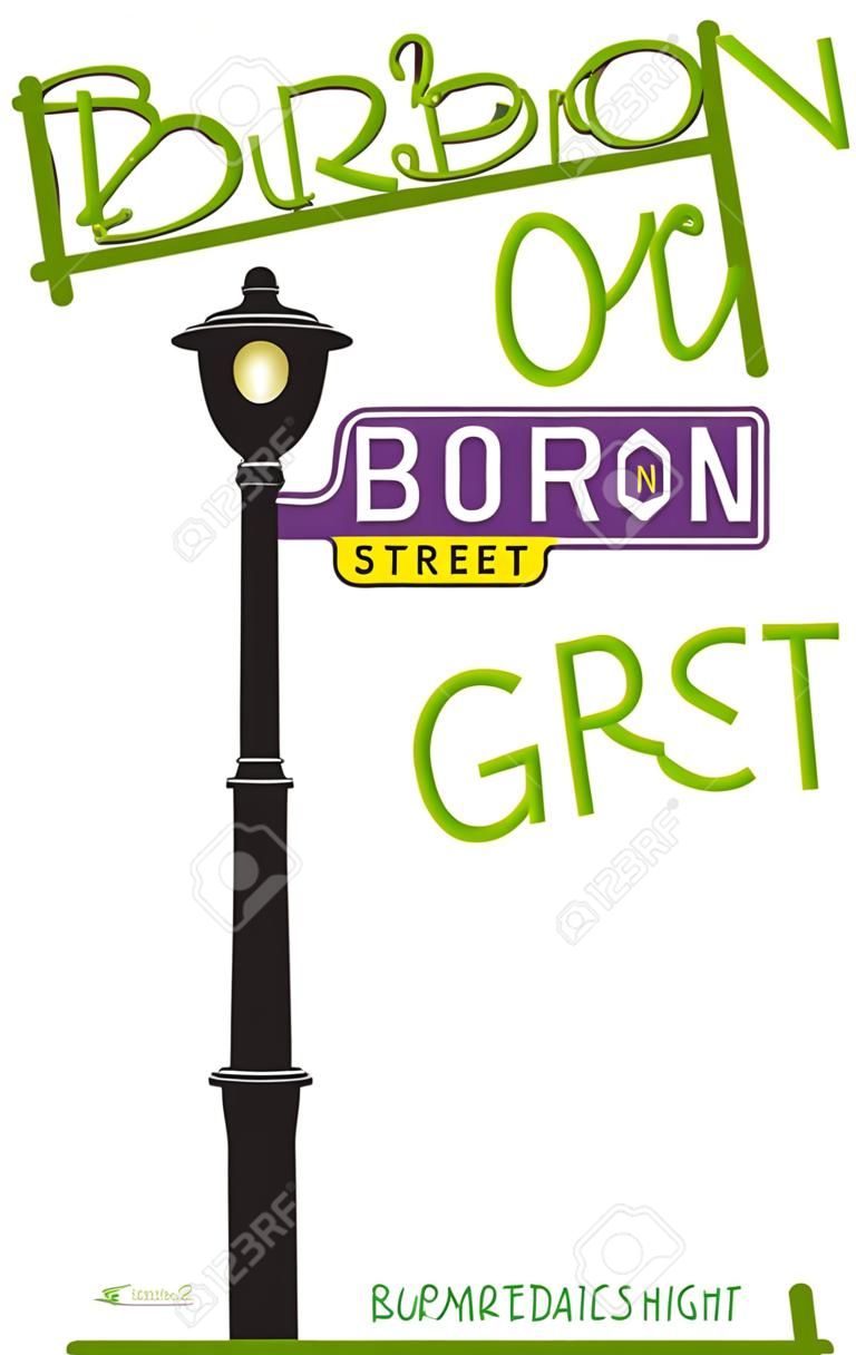 버번 (Bourbon) 거리 표지판과 마디 그라 재미를위한 램프 게시물.
