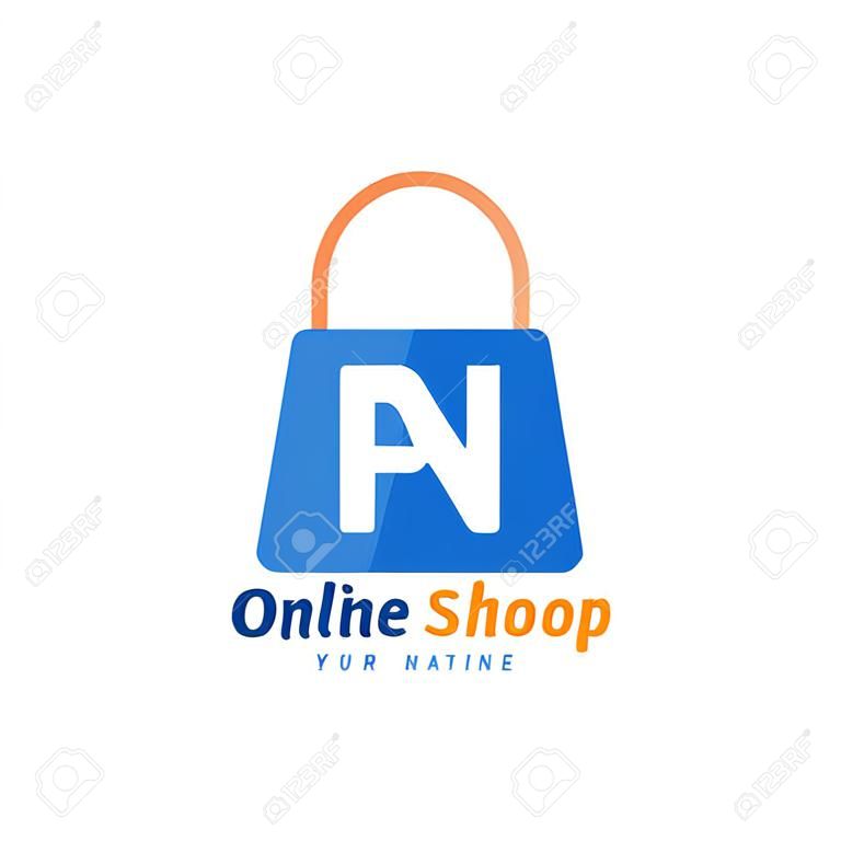 Diseño de logotipo de letra PN con icono de bolsa de compras. El concepto de un logotipo de compras en línea moderno