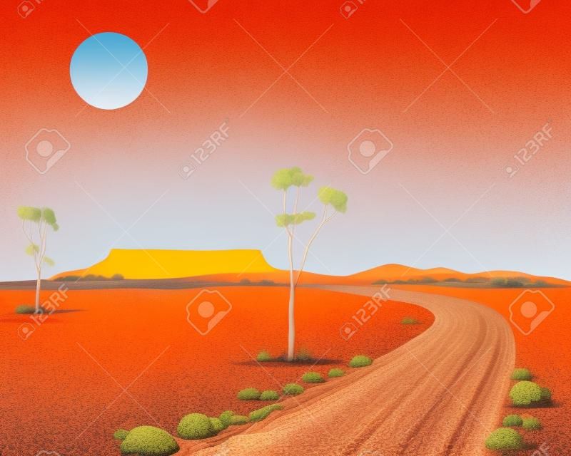 una illustrazione di un paesaggio outback australiano con montagne arancio rocce e gli alberi di gomma sotto un cielo caldo estivo blu