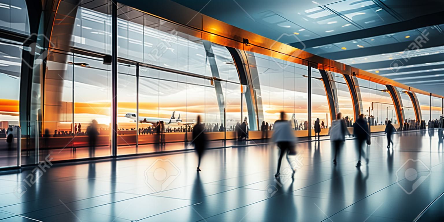 blur background of modern airport interior, sunset. Generative AI