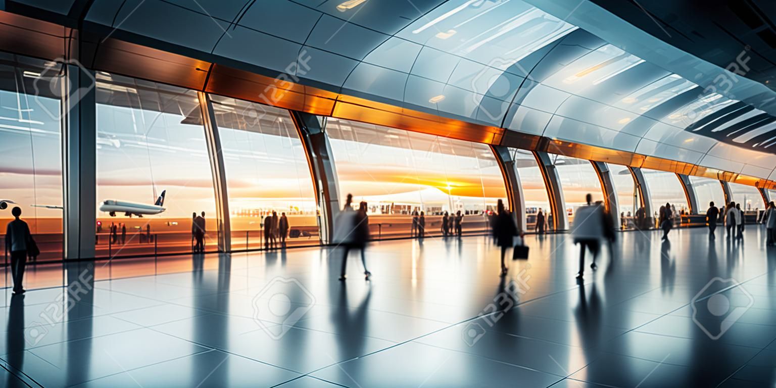 blur background of modern airport interior, sunset. Generative AI