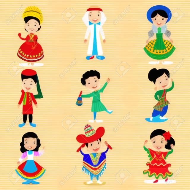 孩子們穿著不同國家的傳統服裝，可愛的男孩和女孩穿著民族服飾的彩色矢量插圖