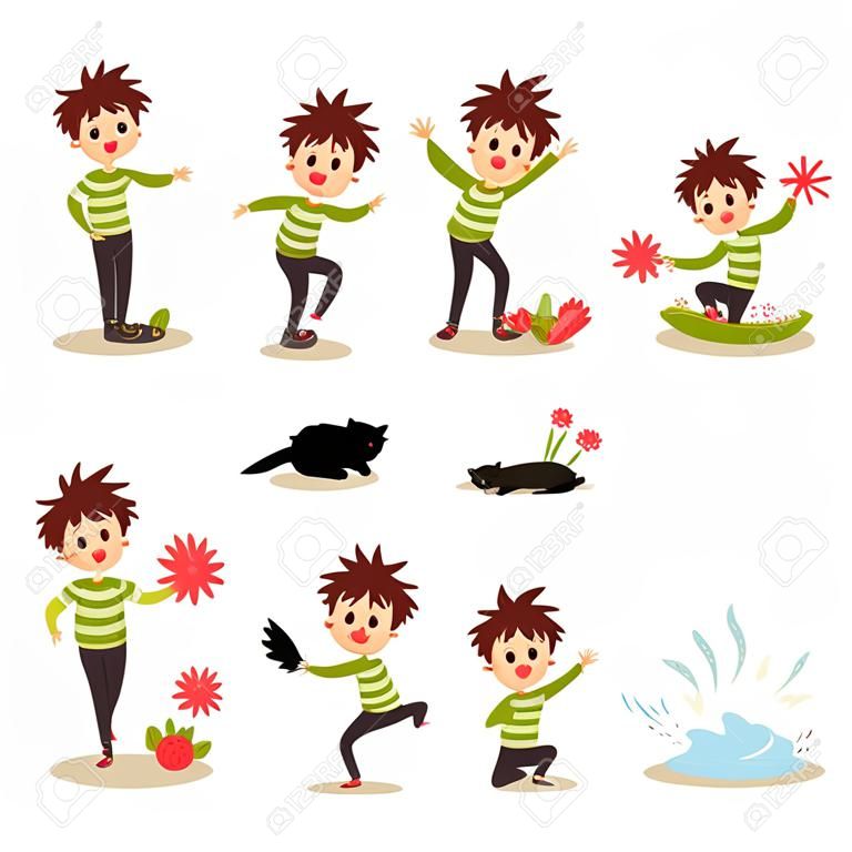 Kid with crazy hair having fun. Breaking things and toys, jumping into mud, tearing flowers, torturing animals, posing faces. Cartoon naughty boy character with bad behavior. Flat vector illustration.