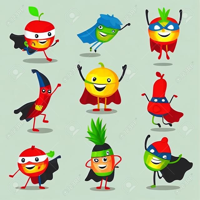 Conjunto de ilustração vetorial de personagens felizes de frutas de super-heróis em diferentes poses, cartões ou elementos de impressão