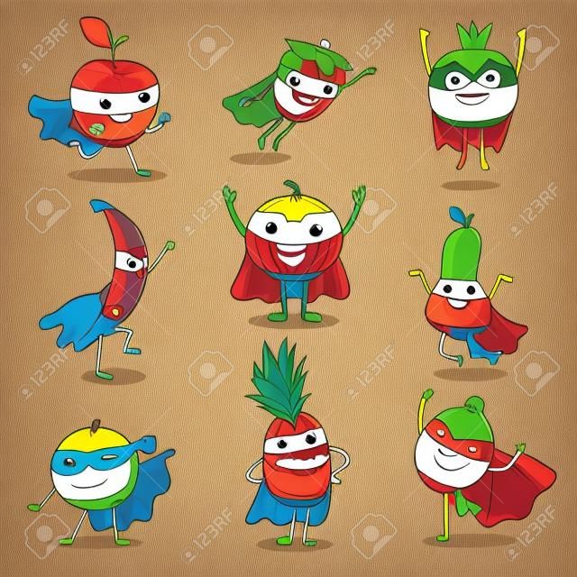 Vektoros illusztráció sorozat boldog szuperhős gyümölcs karakterek különböző pózok, kártya vagy nyomtatási elemeket