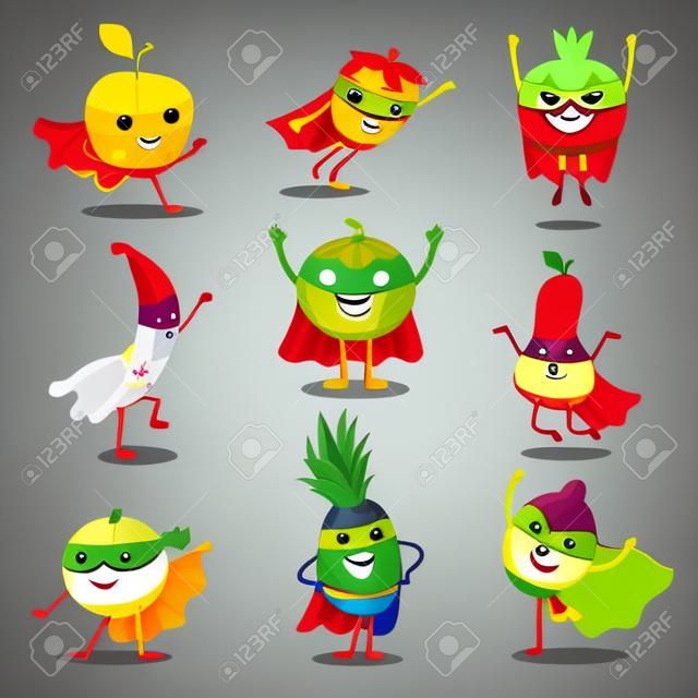 Insieme dell'illustrazione di vettore dei caratteri felici della frutta del supereroe nelle differenti pose, carta o elementi della stampa