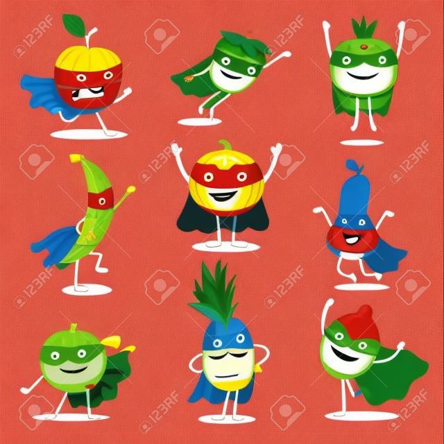 Векторная иллюстрация набор счастливых персонажей фруктов супергероев в разных позах, карточных или печатных элементах