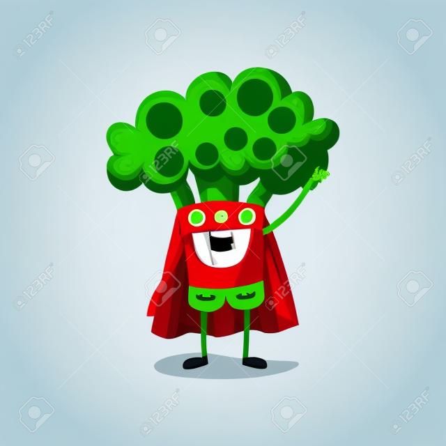 Personaje de dibujos animados plano de brócoli en traje de superhéroe, de pie y diciendo hola con la mano