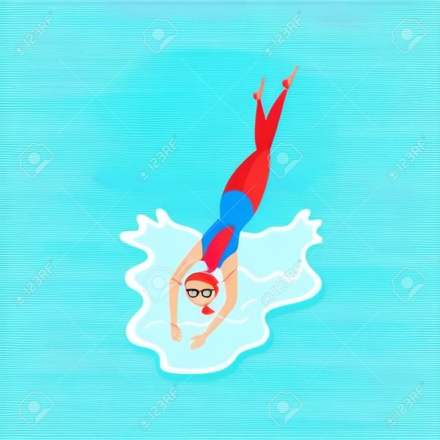 Frau tauchte ins Wasser, umgedrehte Ansicht. Aktive Erholung auf See. Junges Mädchen im blau gestreiften Badeanzug. Weibliche Zeichentrickfigur. Bunte flache Vektorillustration lokalisiert auf weißem Hintergrund.