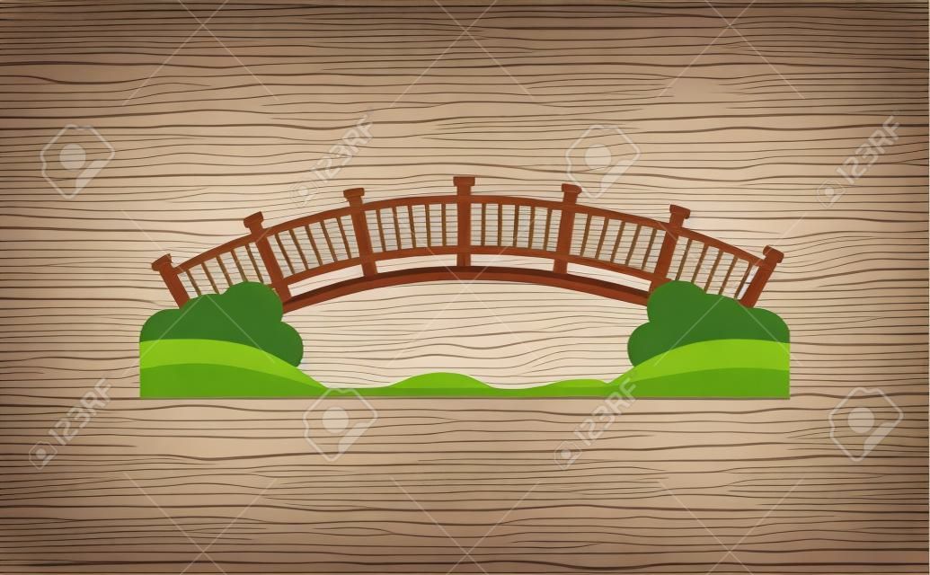 Drewniany most łukowy. Przejście przez rzekę. Kładka wykonana z drewna. Płaski element wektora na mapie parku miejskiego