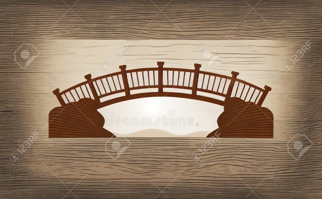 Pont en arc en bois. Passerelle de l'autre côté de la rivière. Passerelle en bois. Élément de vecteur plat pour la carte du parc de la ville