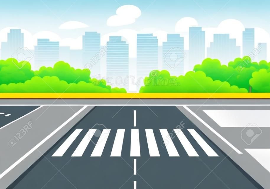 View on traffic intersection with crosswalk. Green bushes, high-rise buildings and blue sky on background. Modern city with skyscrapers. Colorful cityscape. Cartoon vector design. Flat illustration.