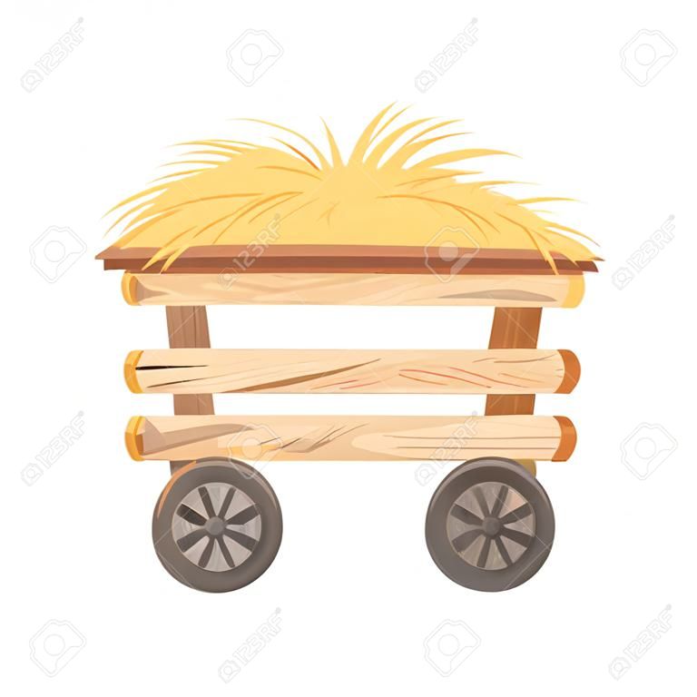 Chariot en bois à quatre roues avec du foin. Illustration vectorielle sur fond blanc.
