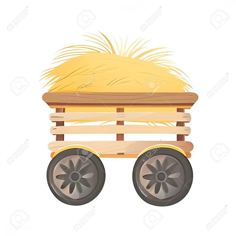 Wooden four-wheel cart with hay. Vector illustration on white background.