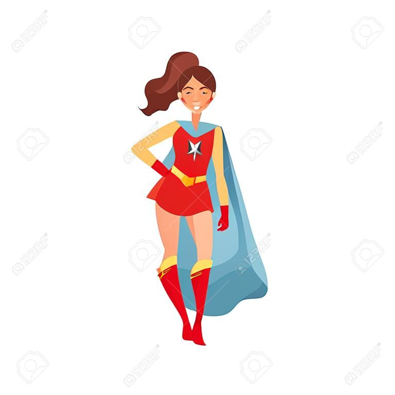 Brunette woman is a super hero in a red suit. Vector illustration on white background.