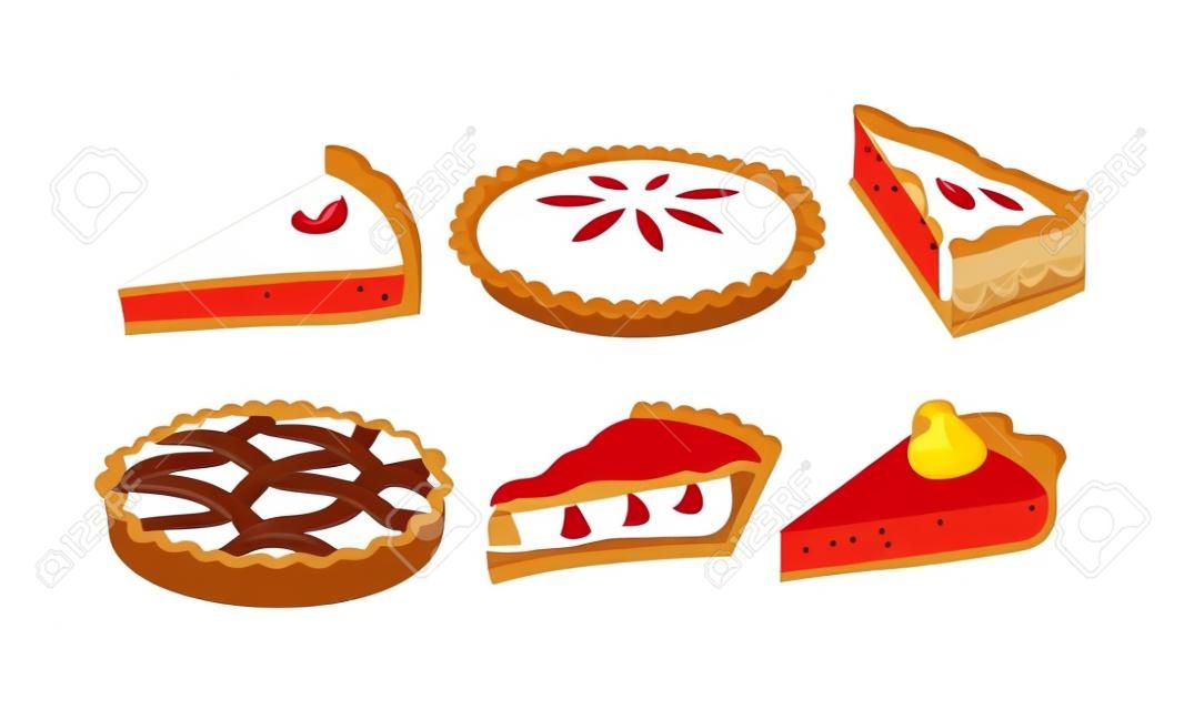 Bolos e tortas de desenhos animados caseiros com frutas e conjunto de ilustração vetorial de creme isolado no fundo branco