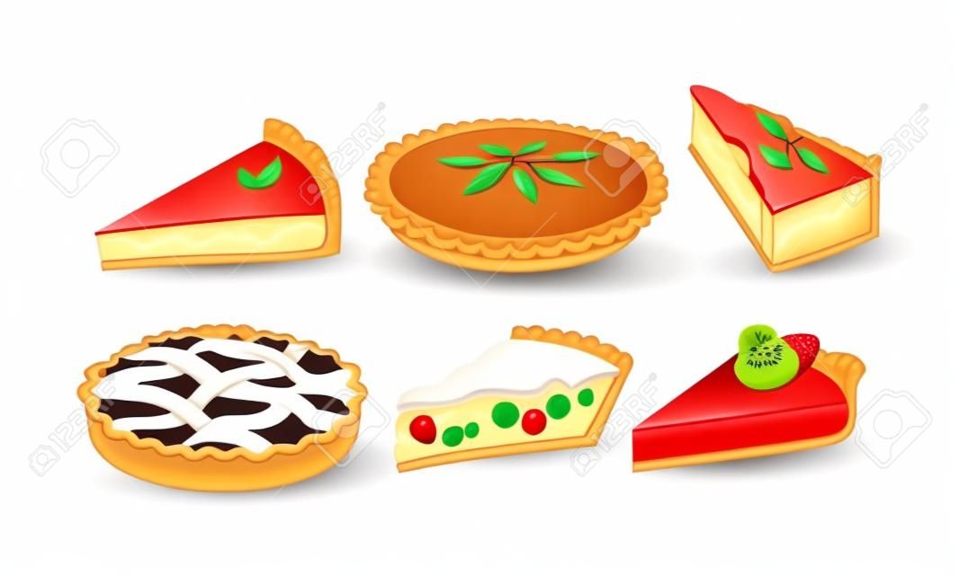 Homemade Cartoon Pies And Cakes With Fruits And Cream Vector Illustration Set Isolated On White Background