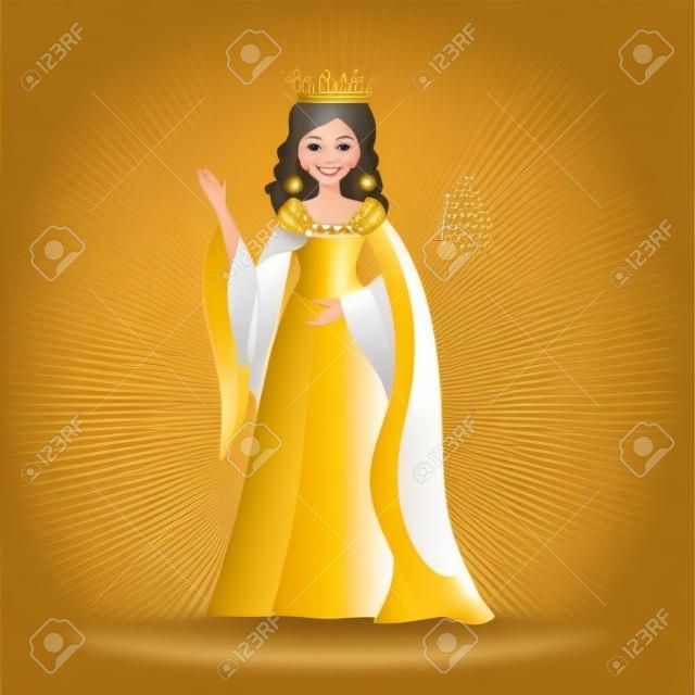 Jonge prinses met gouden kroon staande en golvende handvector illustratie