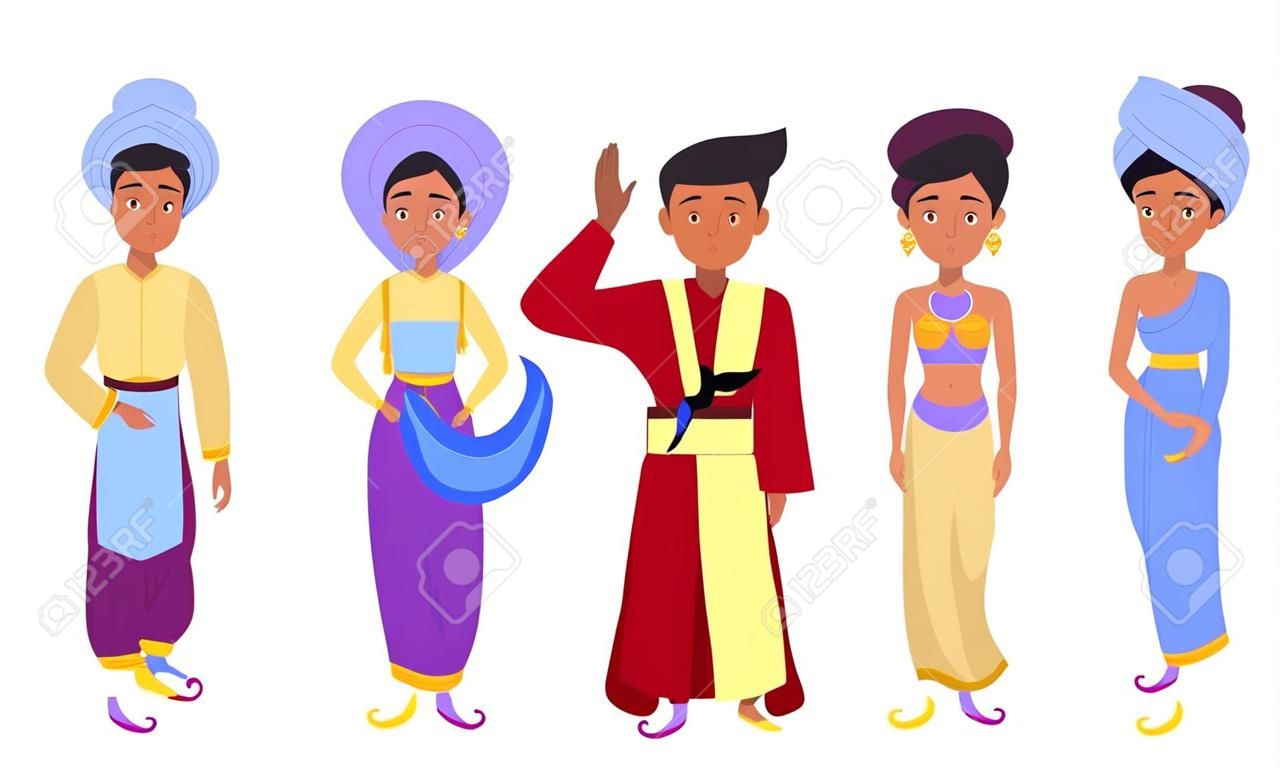 People Characters Wearing Arabic Clothing with Woman in East Apparel and Young Sheik with Mandil on His Head Vector Set