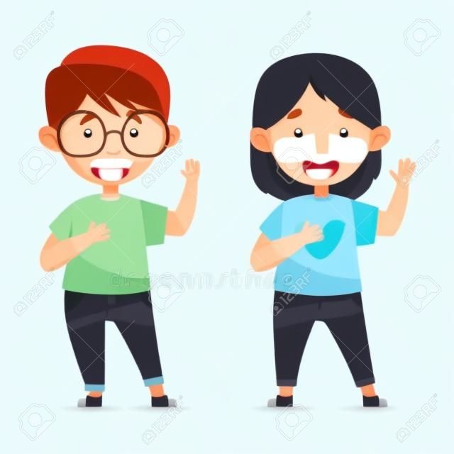 Cute Boy and Girl Characters Giving Oath Vector Illustration