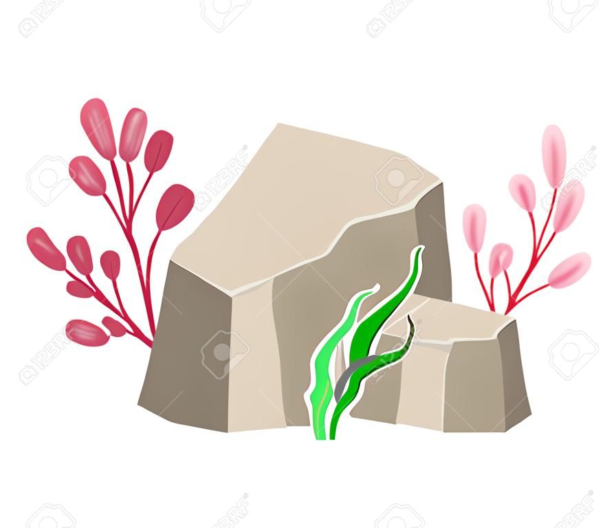 海藻と藻類のベクトル組成を持つ角のある海の石または地下の岩