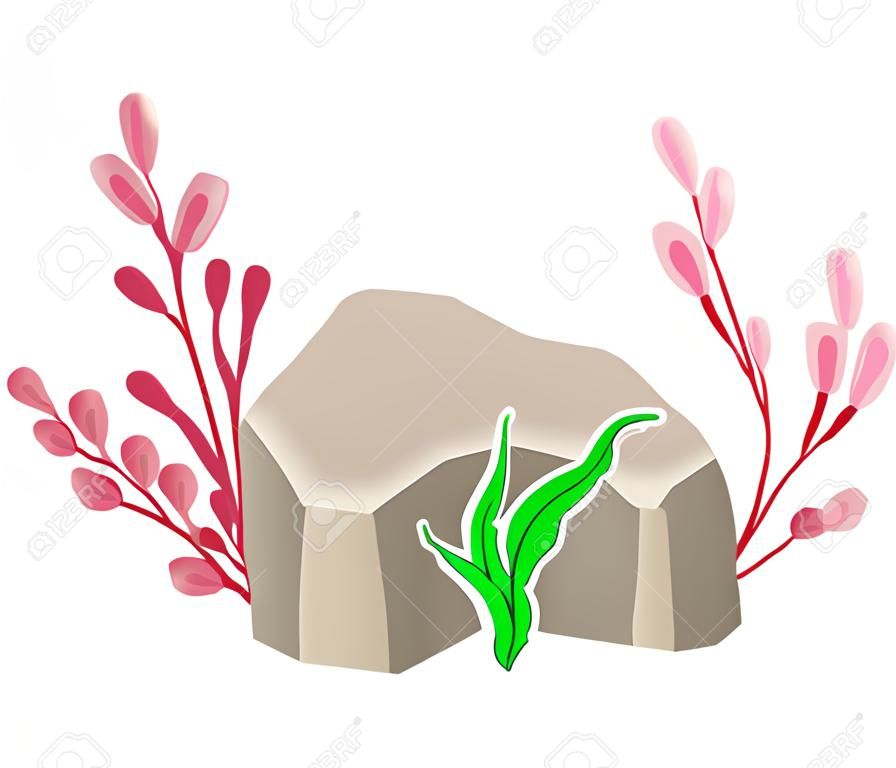 Pierre de mer angulée ou roche souterraine avec composition vectorielle d'algues et d'algues