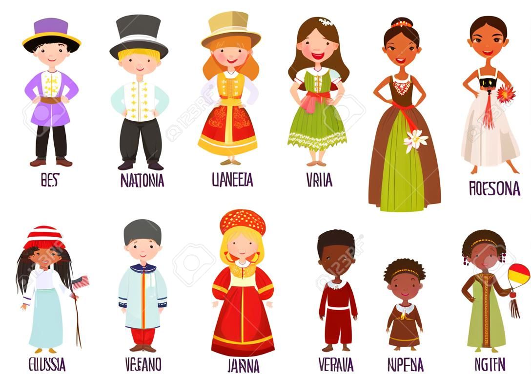Enfants portant des costumes nationaux de différents pays Vector Illustration Set