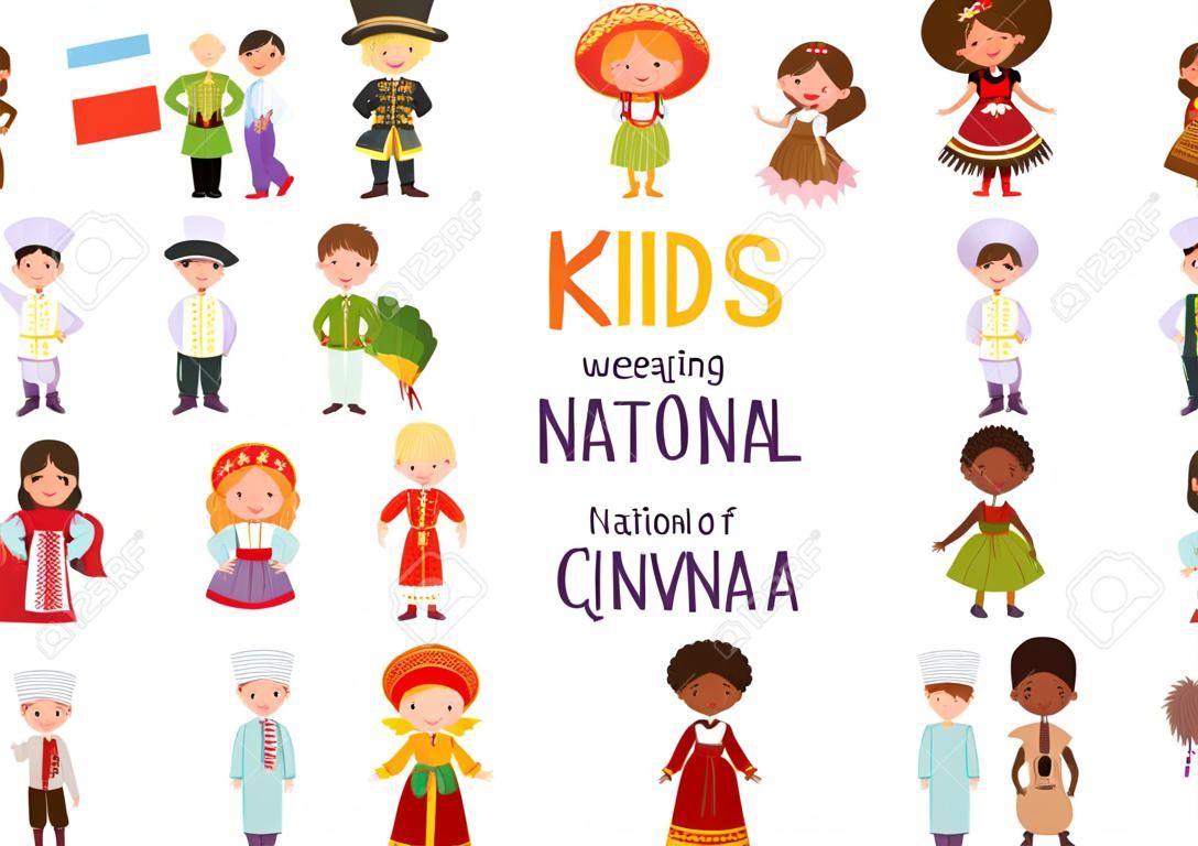 Conjunto de ilustração vetorial de crianças vestindo trajes nacionais de diferentes países