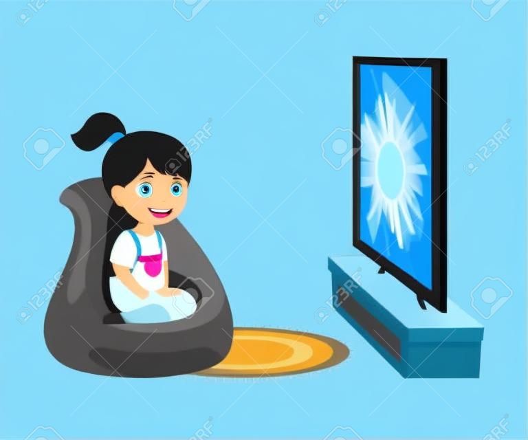 Mała dziewczynka siedzi w fotelu oglądając film animowany na ilustracji wektorowych tv