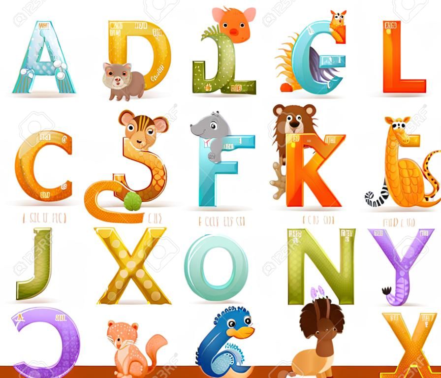 Letras del alfabeto inglés con lindos animales bebés. Ilustración de vector de dibujos animados de decoración de niños educación, hogar o jardín de infantes