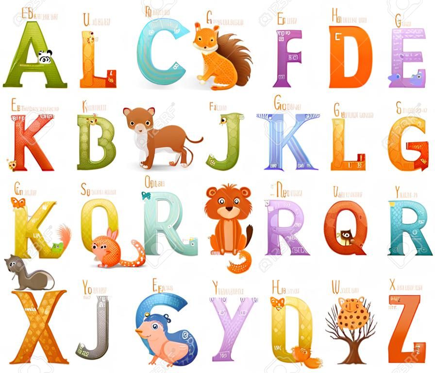 Letras del alfabeto inglés con lindos animales bebés. Ilustración de vector de dibujos animados de decoración de niños educación, hogar o jardín de infantes