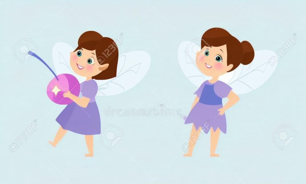 Encantadoras chicas de hadas con juego de alas. Adorables niñas aladas, criaturas de cuentos de hadas ilustración vectorial de dibujos animados