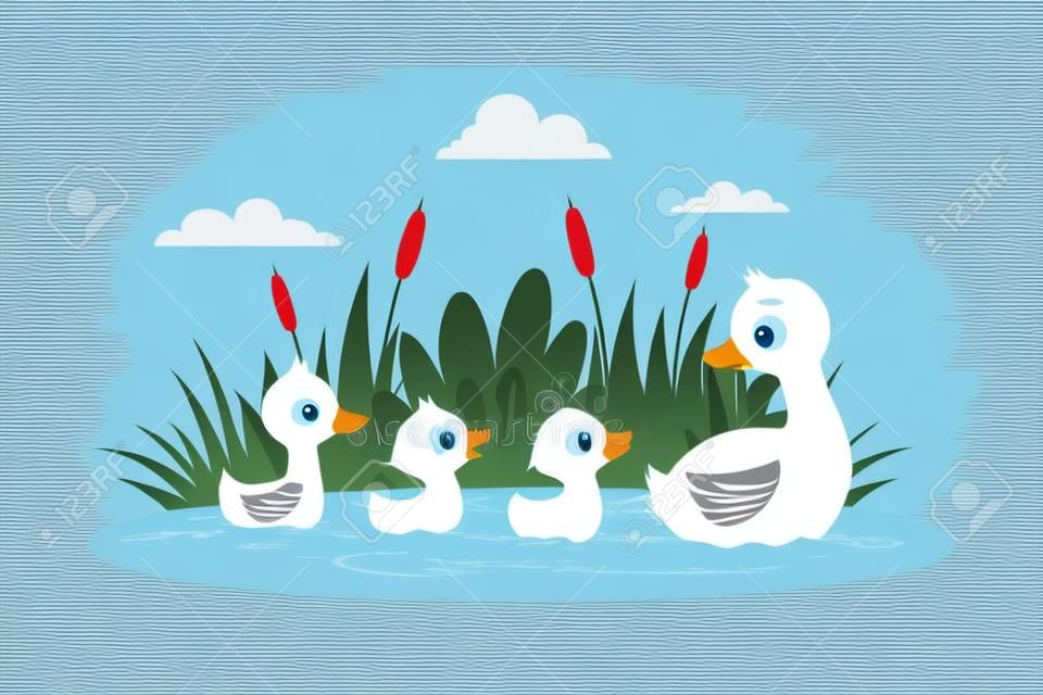 Famille d'oie. Maman flottant avec ses bébés. Illustration vectorielle de vilain petit canard conte de fées dessin animé
