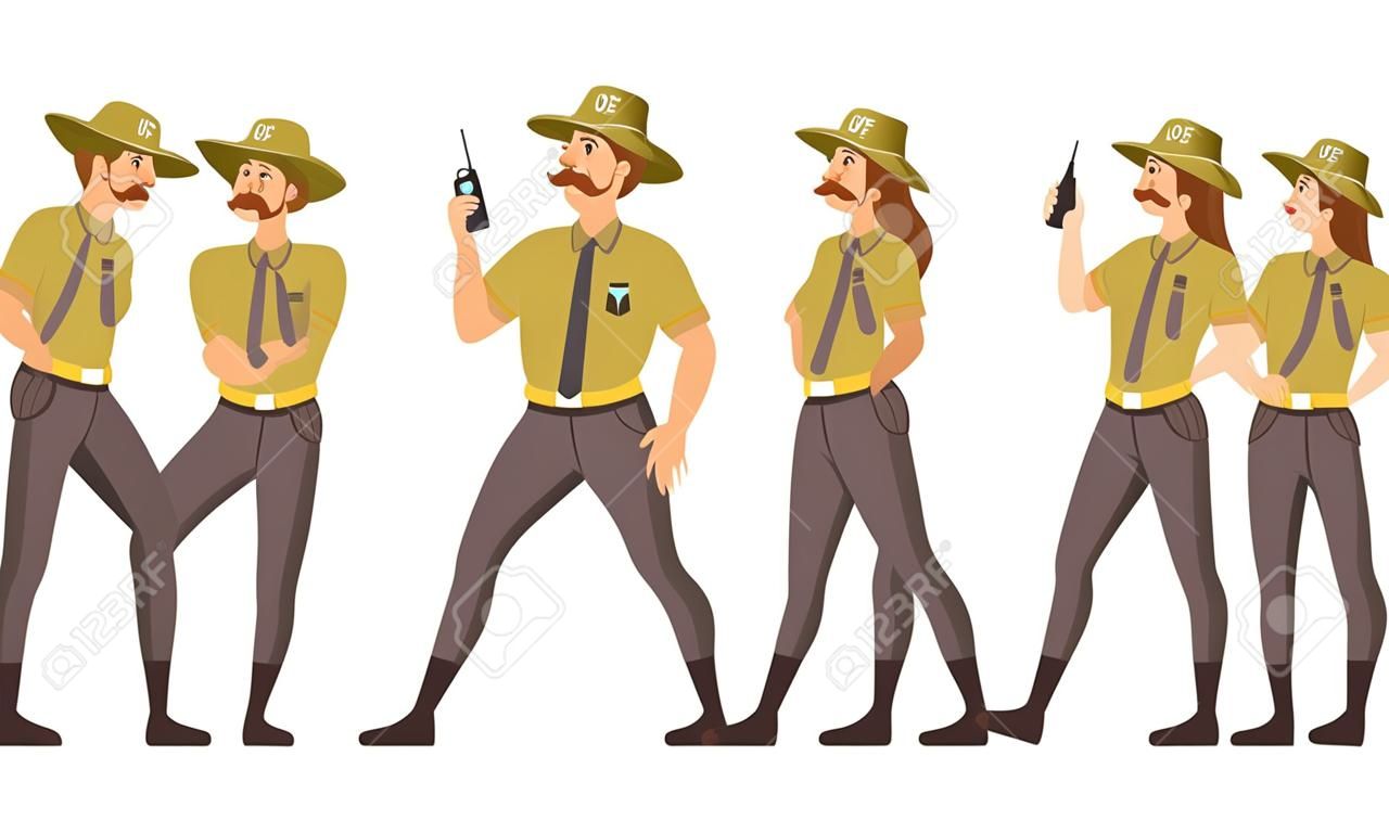 Forest rangers in khaki uniform working protecting and preserving nature vector illustration
