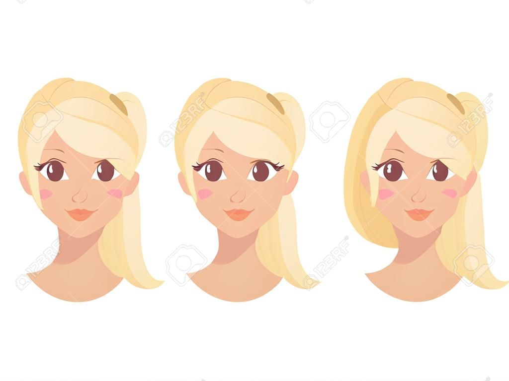 Ładna blondynka twarz postaci z kucykiem z zestawem wektorów różnych emocji