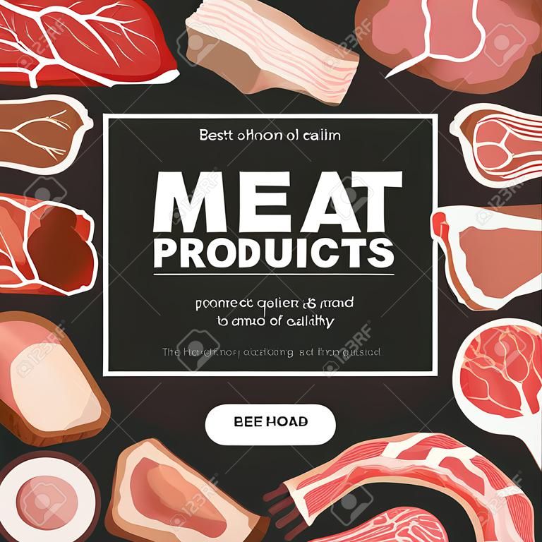 Meat Products Banner Design with Beef Steak, Ham and Lard Vector Template
