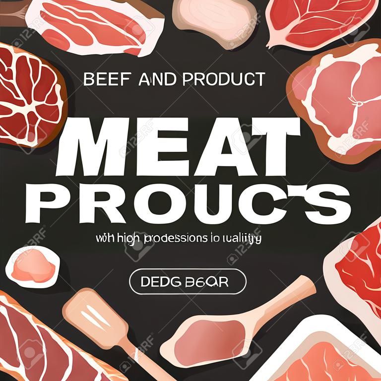 Meat Products Banner Design with Beef Steak, Ham and Lard Vector Template