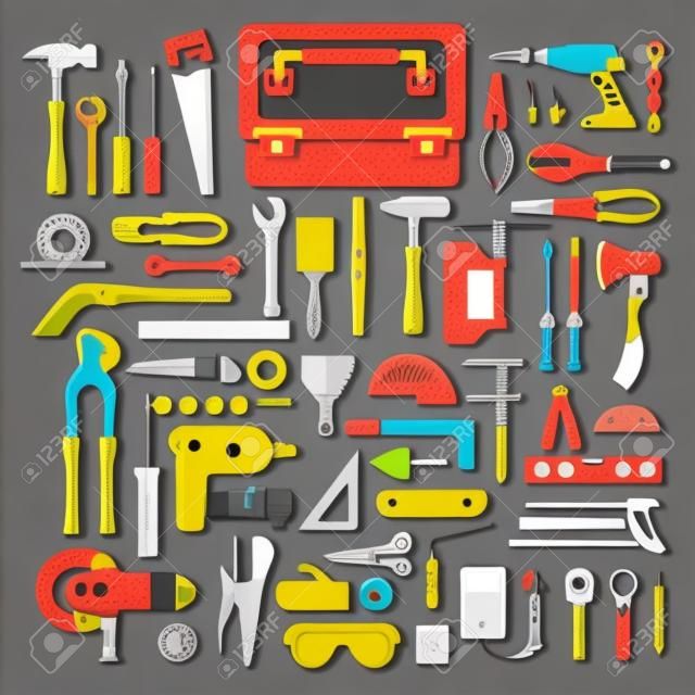 Piso concepto de diseño de la caja de herramientas de trabajo mano set.Vector ilustrar.