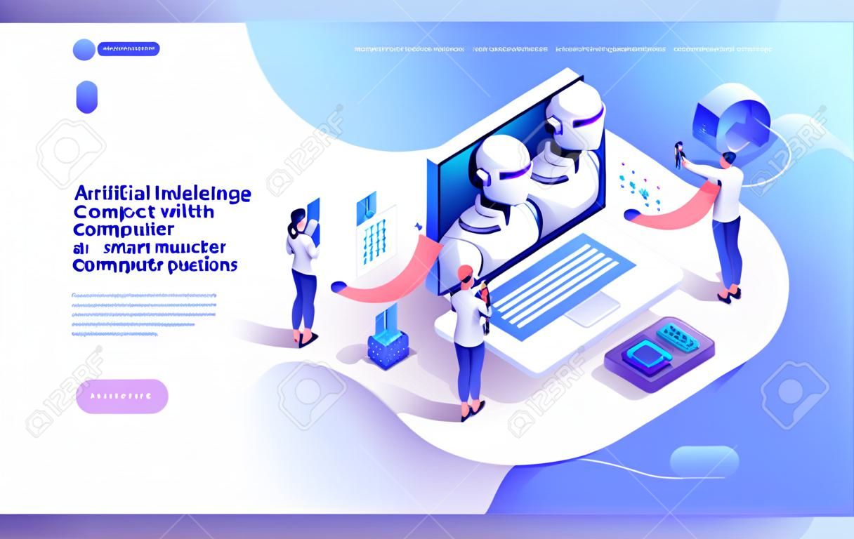 Illustrations concept  artificial intelligence AI. Technology working with smart brain computer and machine connecting device. Isometric vector illustrate. Website design landing page mockup.