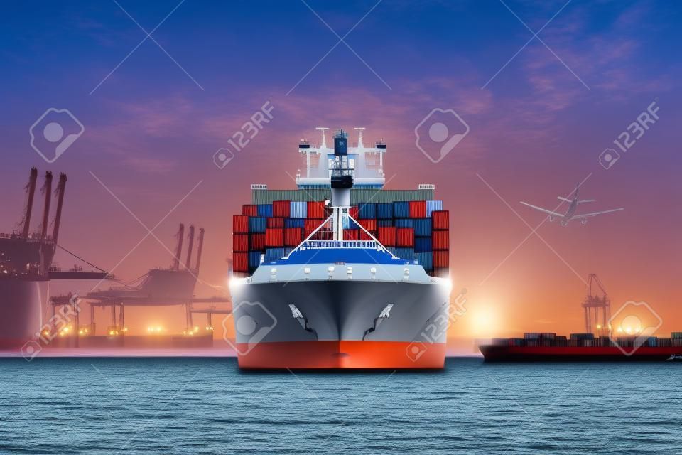 Logistics and transportation of International Container Cargo ship and cargo plane in the ocean at twilight sky, Freight Transportation, Shipping