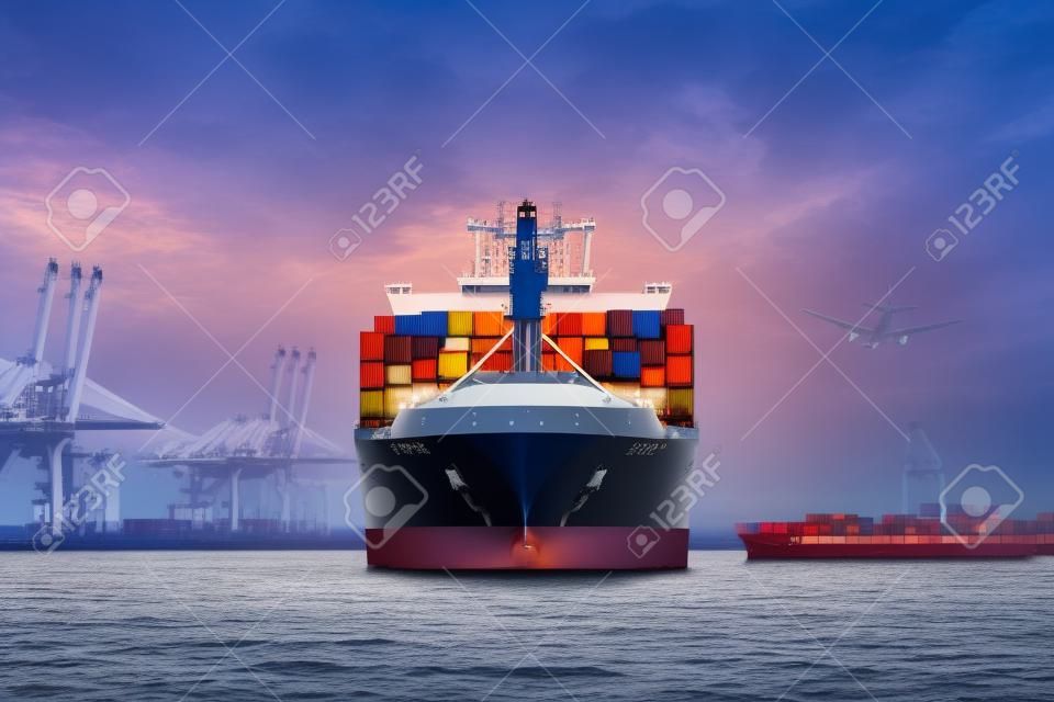 Logistics and transportation of International Container Cargo ship and cargo plane in the ocean at twilight sky, Freight Transportation, Shipping