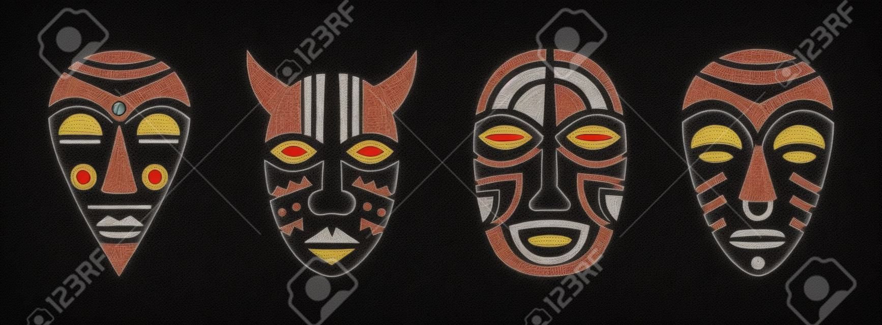무당과 원주민의 의식 마스크는 종교 및 전통 예식 벡터 의식을 위해 아프리카 신 악마의 부두 얼굴 토템을 설정합니다.