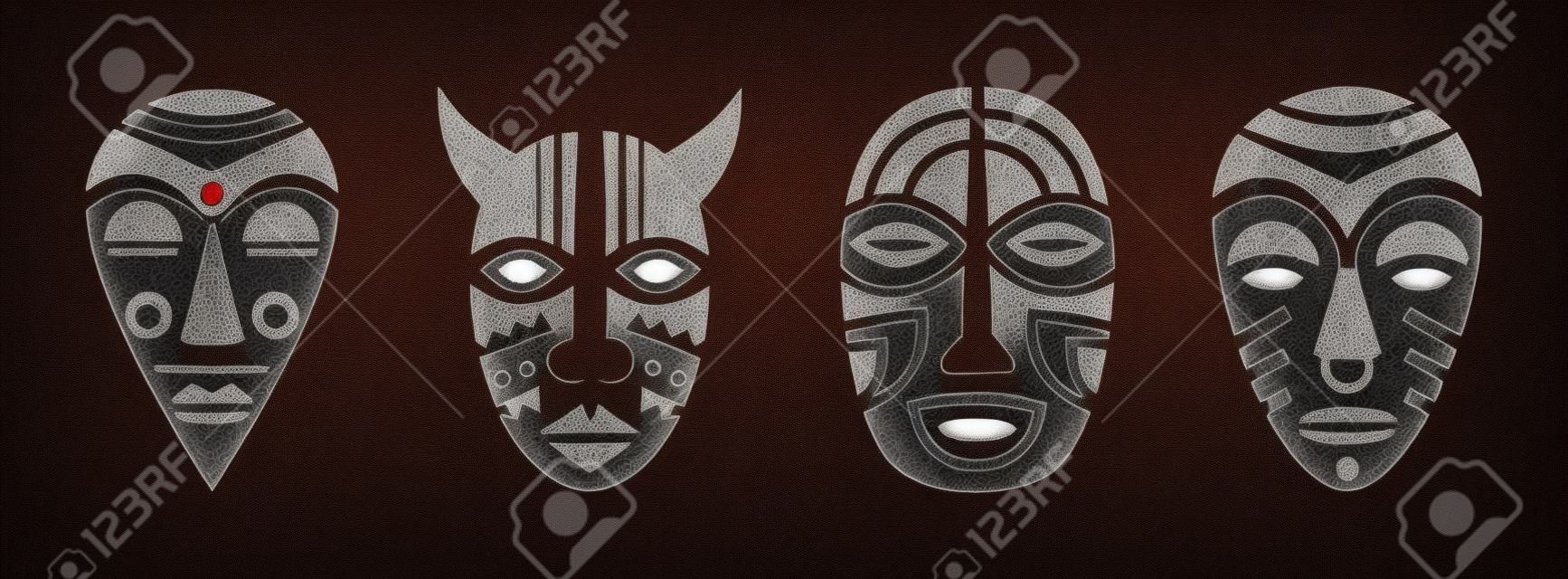 Les masques rituels des chamans et des aborigènes définissent le totem vaudou du dieu démon africain pour les rituels vectoriels cérémoniaux religieux et traditionnels