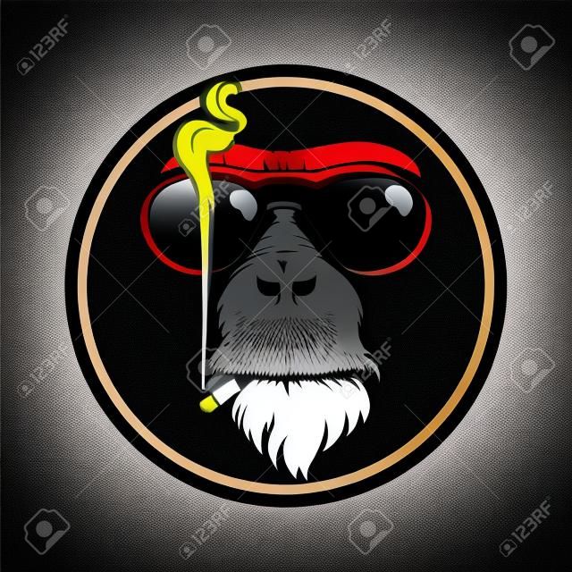 la cabeza del diseño del vector del mono con gafas de sol que estaban fumando