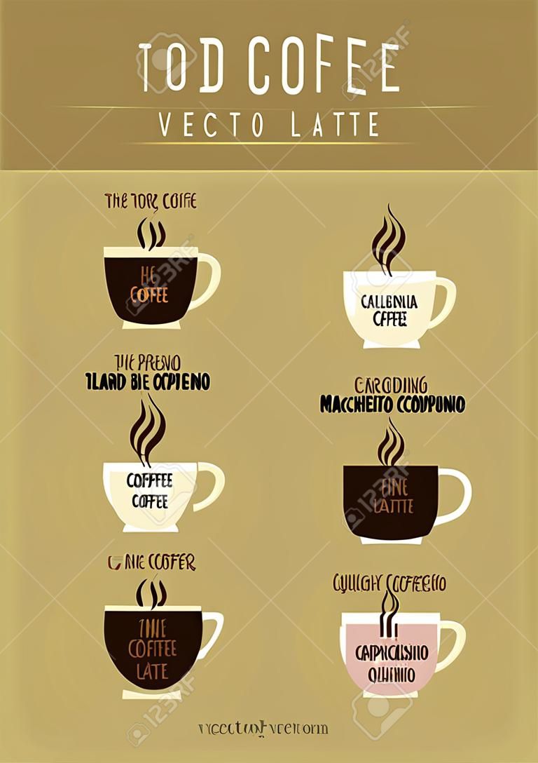 Icono de vector Conjunto de café del menú Botones para web bebidas de café tipos y preparación del negro básico, café latte, cappuccino, Yuanyang, macchiato, café helado, café de Viena, miami vice, café irlandés