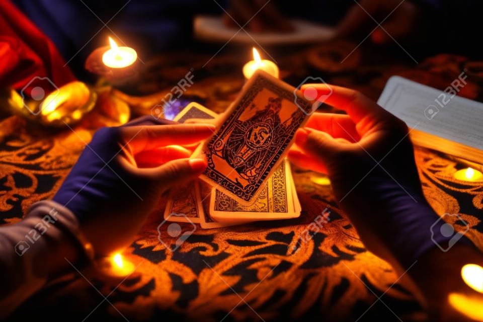 Pokaż wróżbitom ręce trzymające karty tarota i czytnik tarota ze świecą na stole, wykonując odczyty magiczne występy, rzeczy przewidujące mistyczne astrologów koncepcja